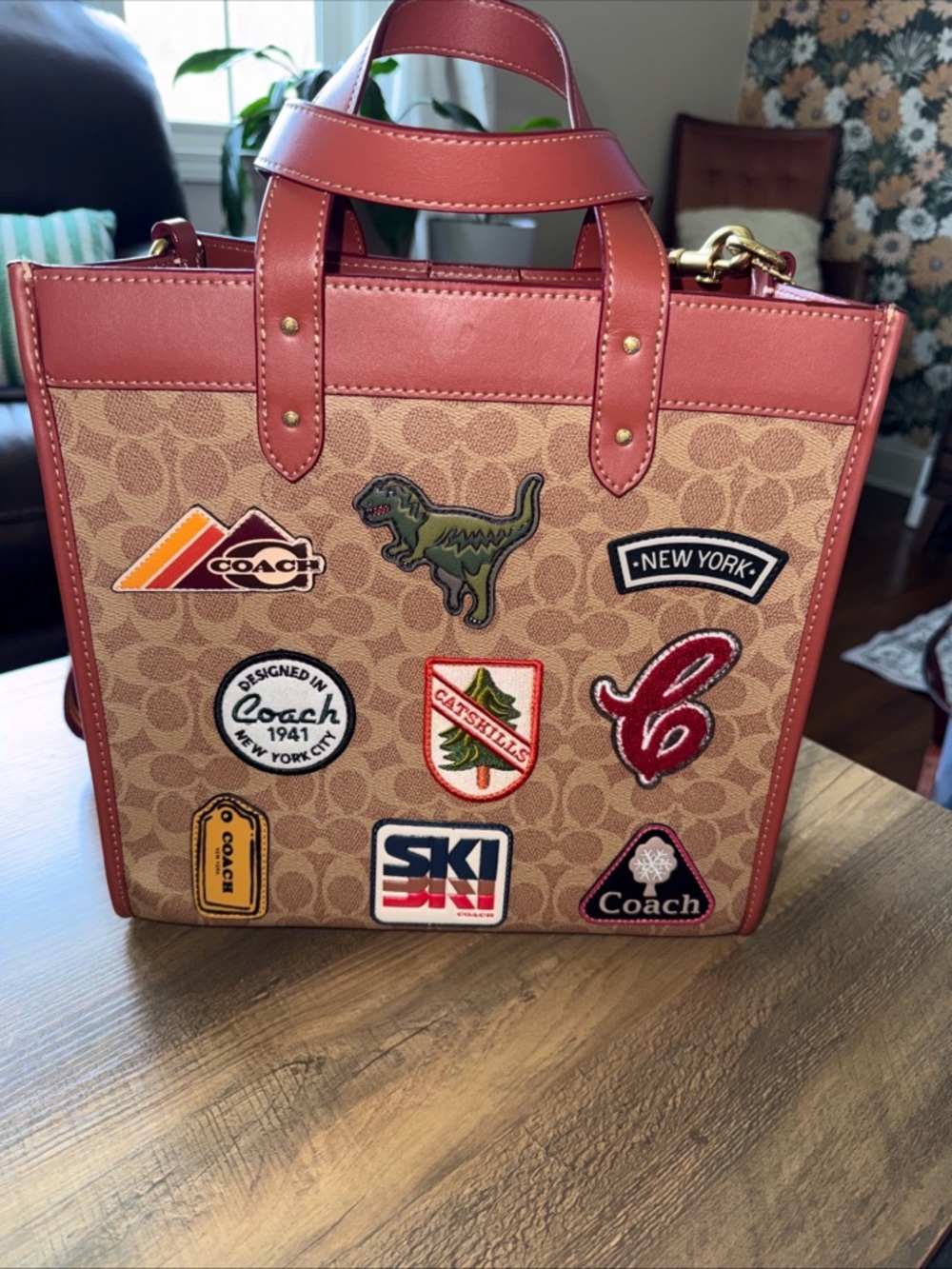 Coach Patch Pocket Tote in Tan and Red